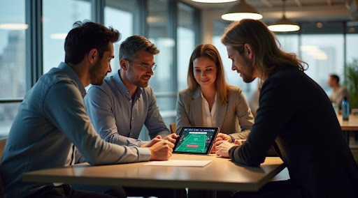 coworkers-watching-game-on-tablet